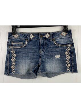 Maurices Womens Distressed Embroidered Blue Denim Shorts Size 5/6